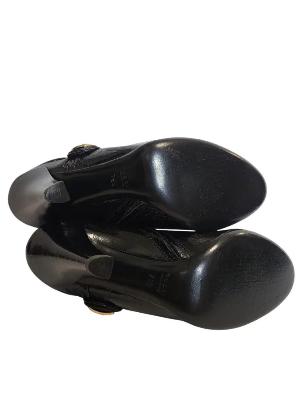 Gucci Hysteria Patent Leather Ankle Booties Crest Logo Heels